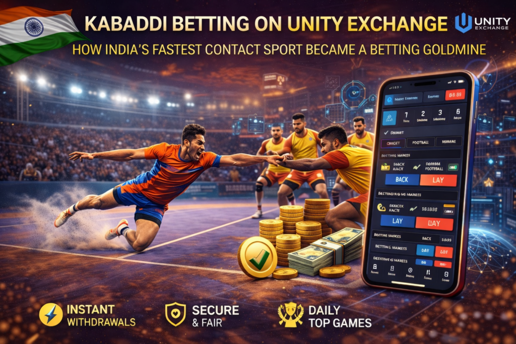 Kabaddi betting on Unity Exchange with raider in action, mobile betting app interface, and coins representing winnings